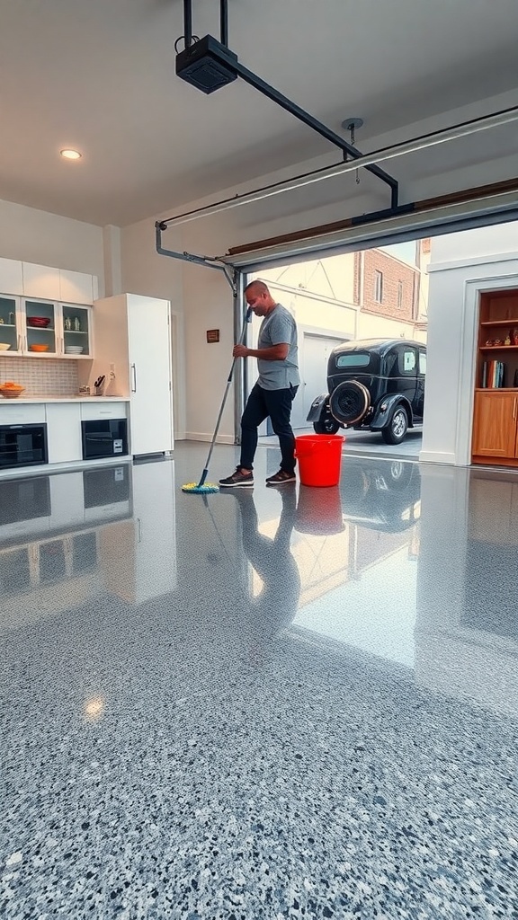 A person cleaning a shiny epoxy floor in a modern garage.