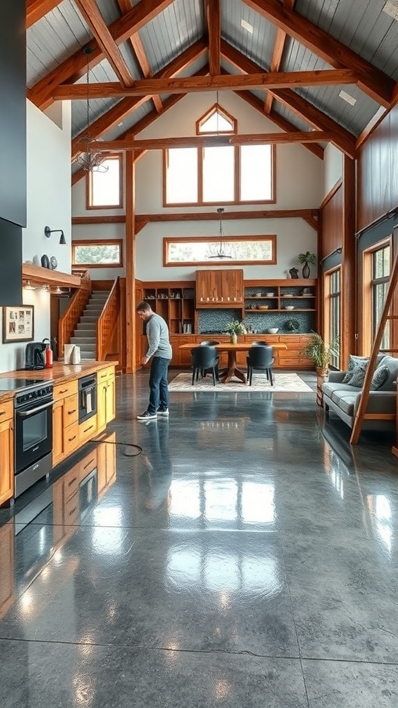 Interior of a barndominium featuring polished epoxy floors and wooden beams.