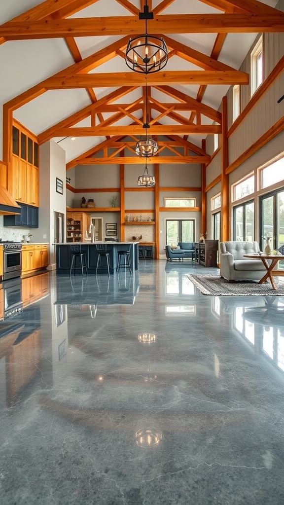Interior of a modern barndominium featuring polished epoxy flooring and wooden beams.