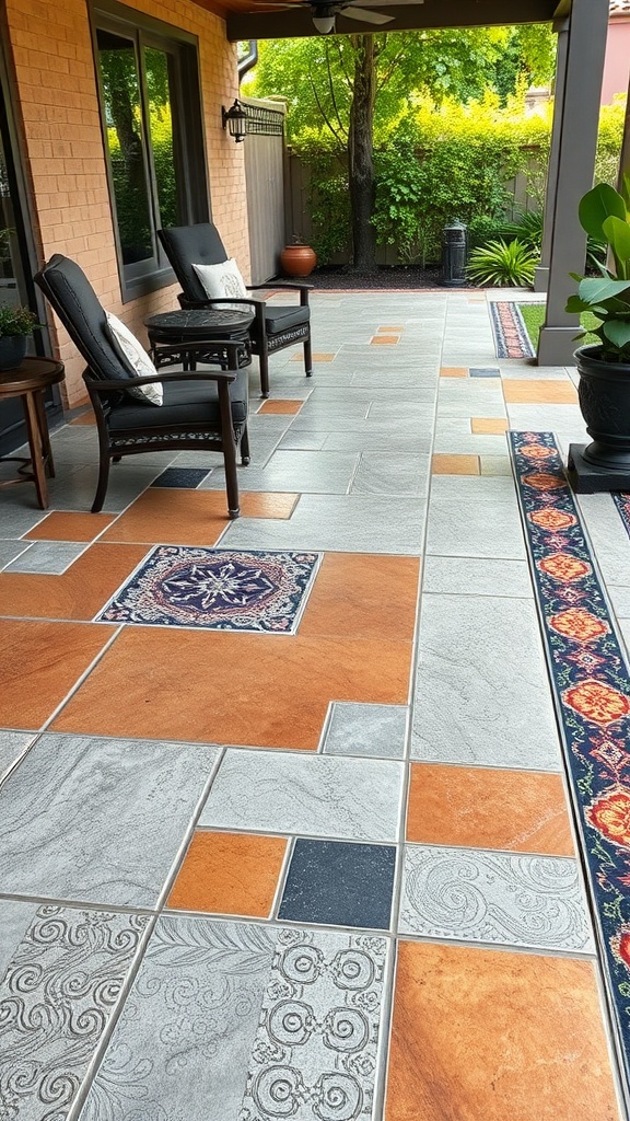 A beautifully designed patio with stamped epoxy flooring featuring various colors and patterns.