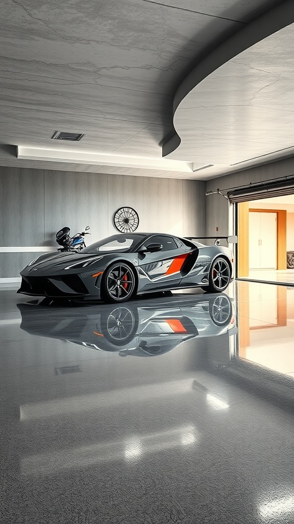 A sleek garage featuring a metallic epoxy floor with a luxury sports car parked on it.