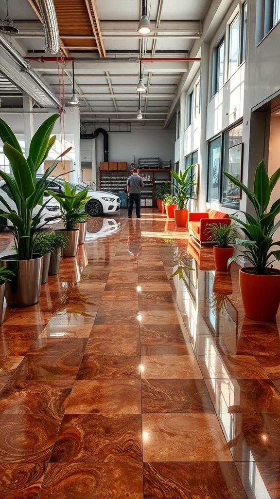 Interior space featuring a shiny brown metallic epoxy floor with plants and a car