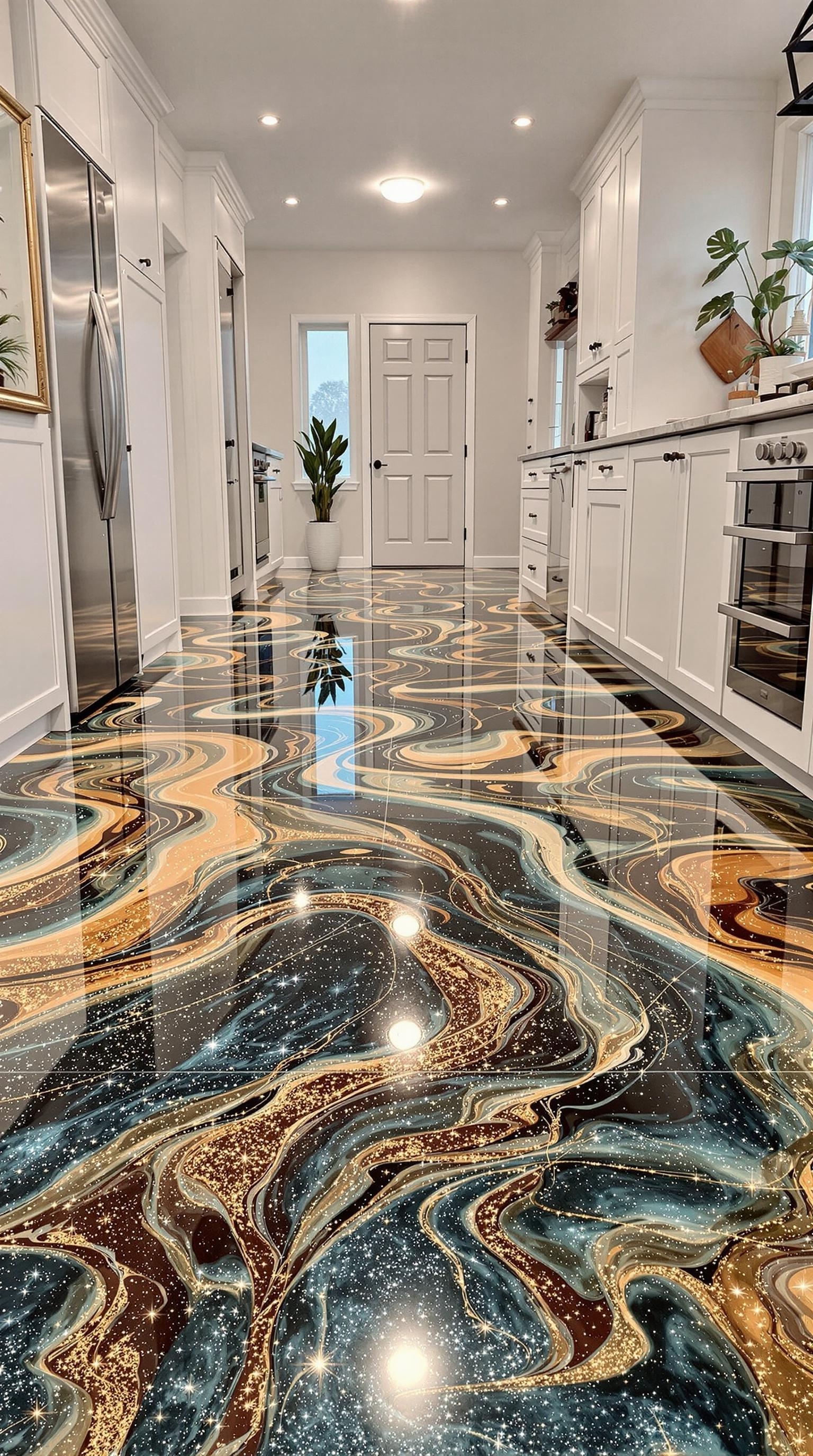 A modern kitchen with a glitter epoxy floor showcasing vibrant colors and a shimmering effect.