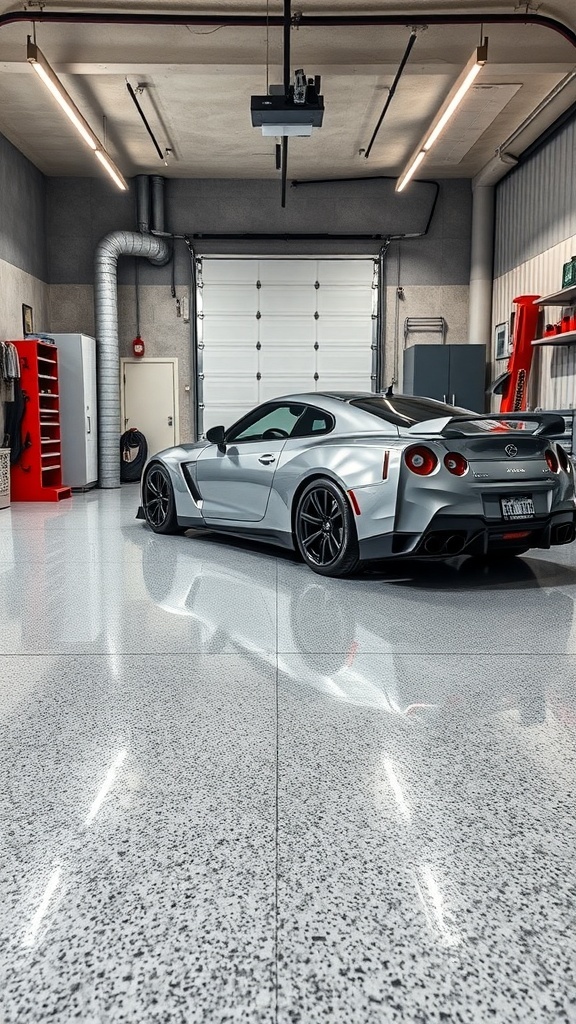 A modern garage featuring a shiny epoxy floor and a sleek car, showcasing eco-friendly flooring options.