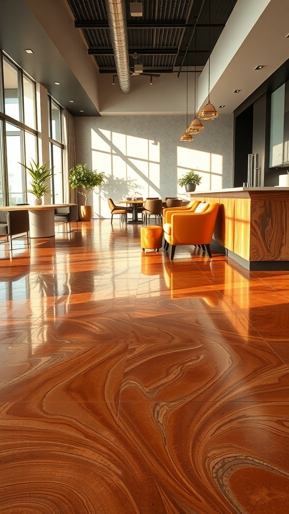 A modern interior showcasing luxurious copper metallic epoxy flooring with stylish furniture.