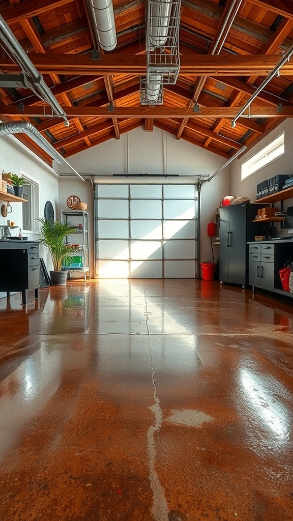 A polished epoxy floor in a rustic garage with wooden beams and modern storage.