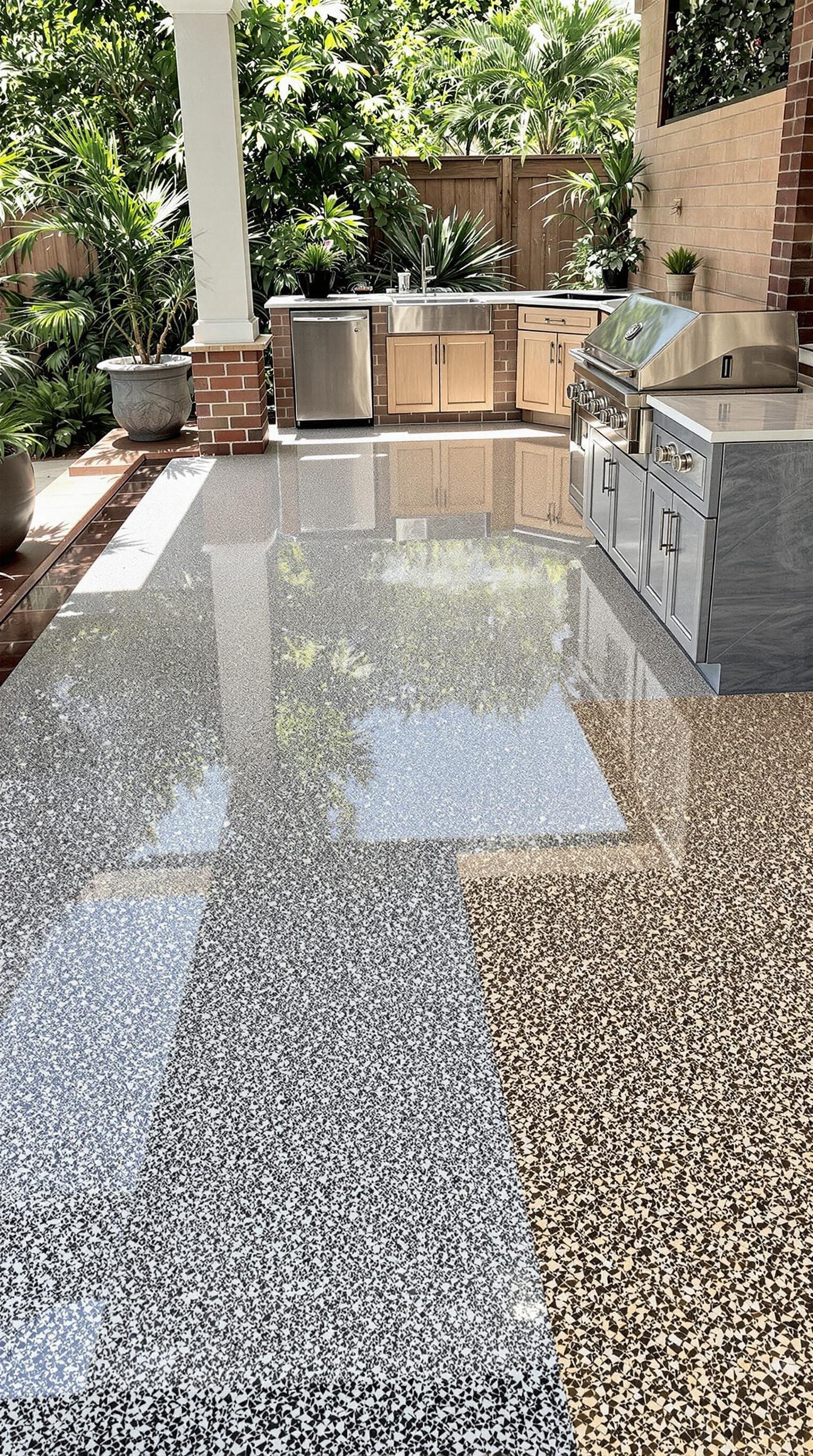 Eco-friendly epoxy flooring in an outdoor kitchen setting with modern appliances and lush greenery.