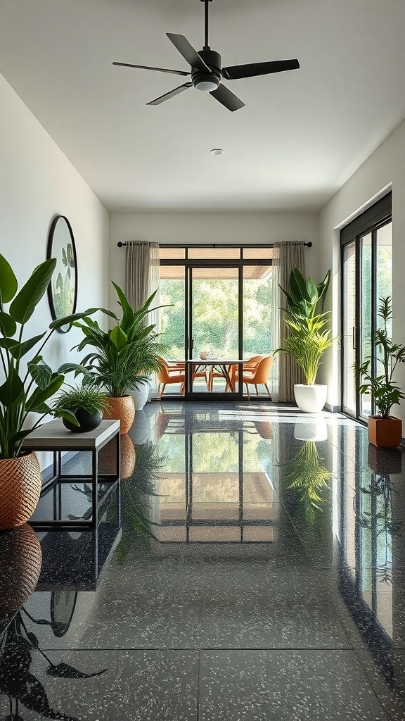 A modern interior with eco-friendly epoxy flooring, featuring plants and stylish furniture.