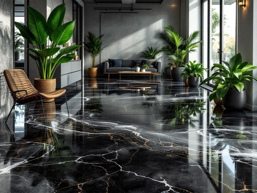 A modern interior with a nightfall epoxy floor, featuring large plants and stylish furniture.