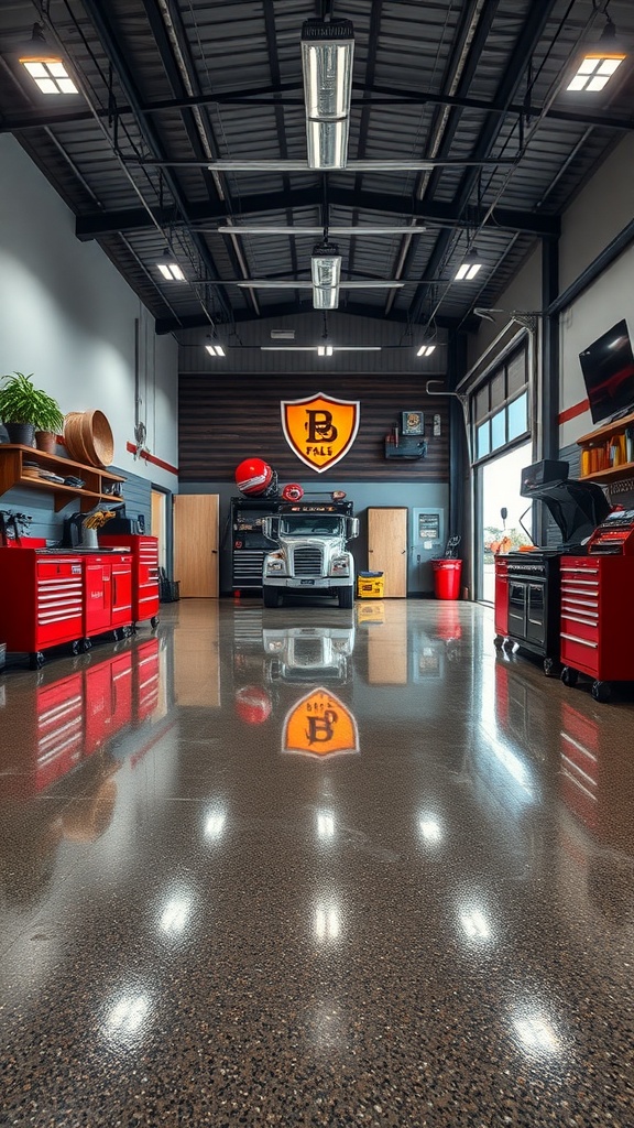 A modern garage workshop with a high-gloss epoxy floor, showcasing red tool cabinets and a sleek car.