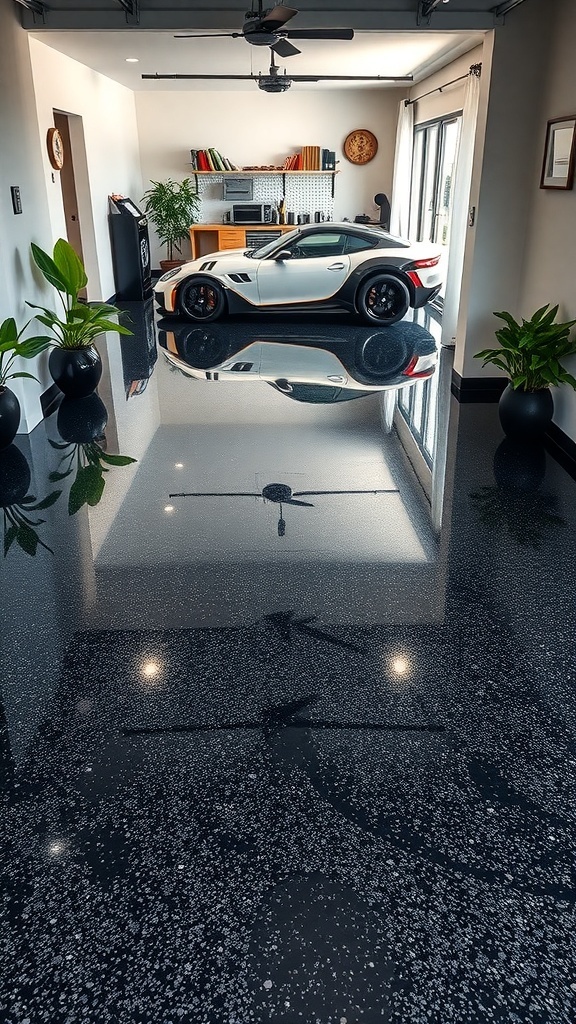 A modern garage with glossy black epoxy flooring, showcasing a sleek car and decorative plants.