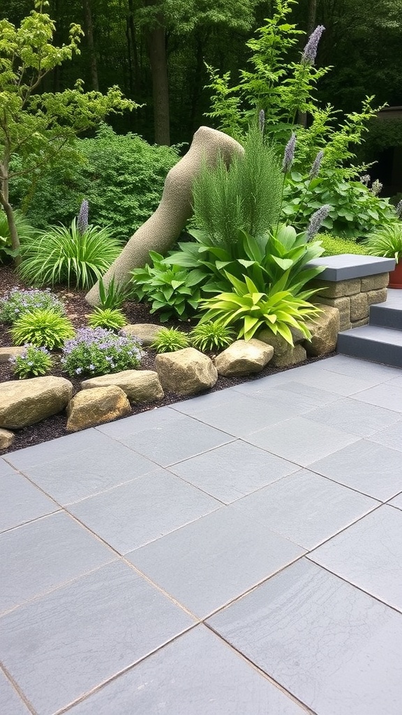 A beautifully designed outdoor patio featuring dark gray stamped concrete with decorative patterns, surrounded by plants and a cozy fire pit.