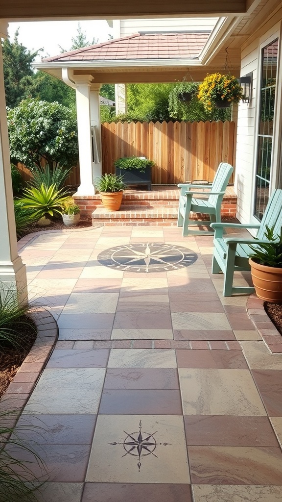 A beautifully designed patio featuring stamped concrete patterns and greenery.