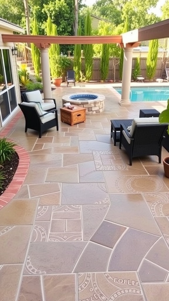 A beautifully designed patio featuring stamped concrete and a cozy seating area.
