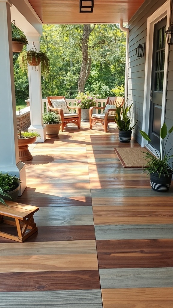 A beautiful porch with wood-stamped concrete flooring, showcasing a cozy outdoor seating area surrounded by greenery.