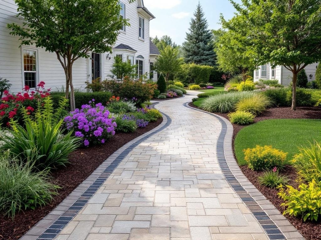 A beautifully landscaped pathway with a stamped concrete walkway bordered by darker stones and vibrant flowers.