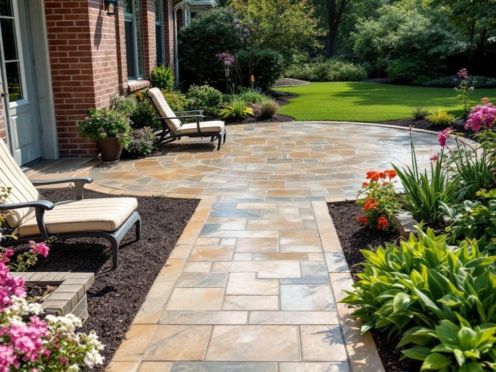 A beautiful circular patio with a stamped concrete walkway surrounded by lush greenery and flowers.