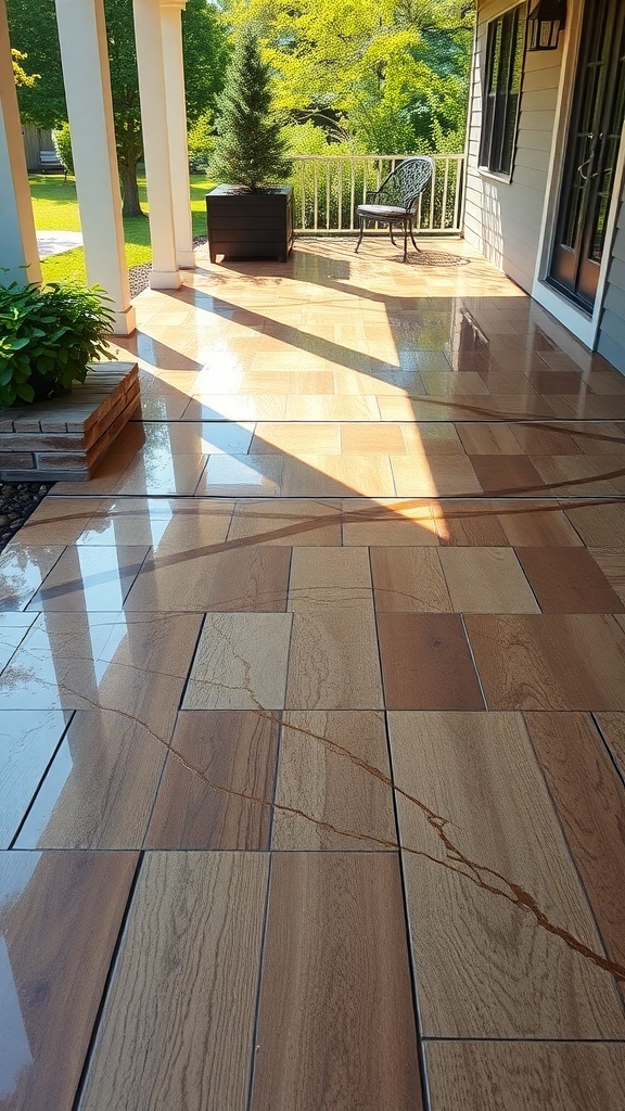 A beautifully designed patio with epoxy flooring that resembles wood, showcasing a glossy finish and a welcoming outdoor space.