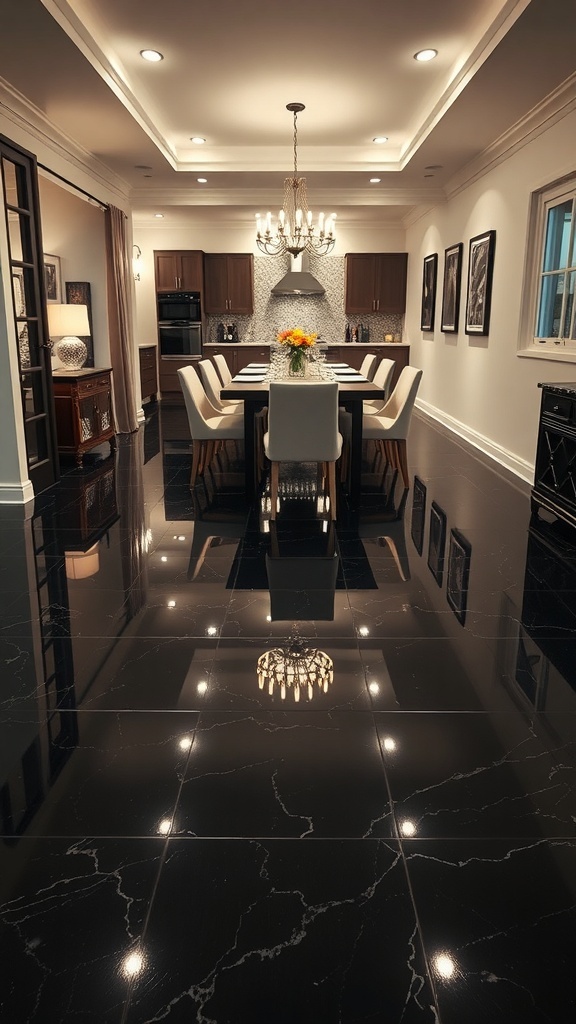 A modern dining area featuring a glossy black epoxy floor, elegant chandelier, and stylish furniture.