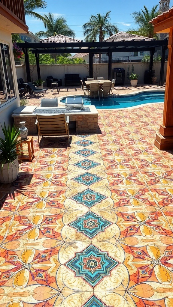 A beautifully designed patio featuring geometric patterns in vibrant colors, showcasing epoxy and stamped concrete.