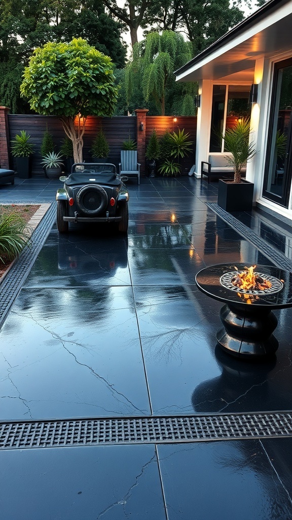 A sleek black epoxy concrete patio with decorative borders, featuring a fire pit and lush greenery.