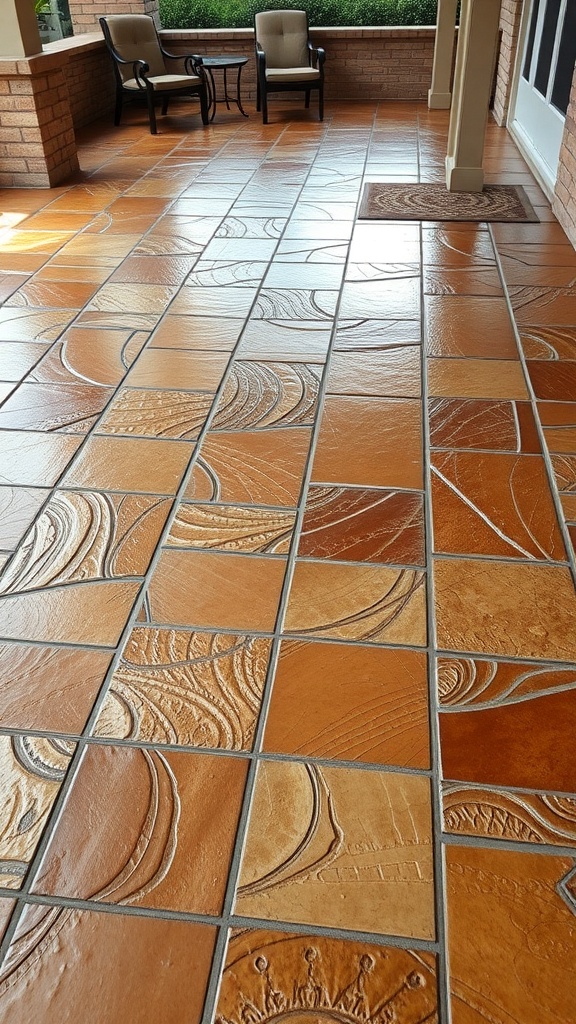 A beautifully designed stamped concrete patio with warm tones and intricate patterns.