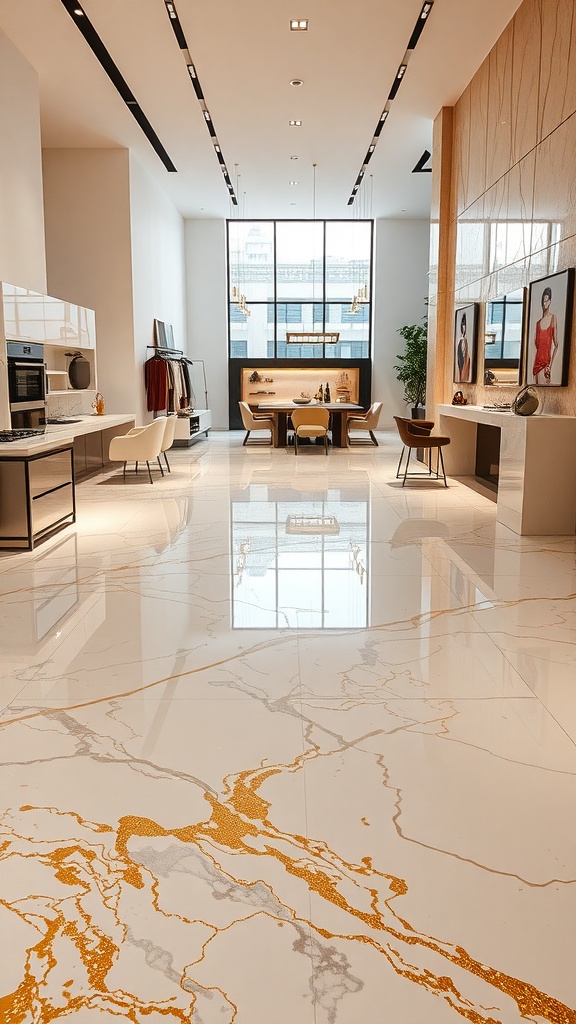 A modern kitchen with white and gold epoxy flooring, showcasing a sleek and luxurious design.