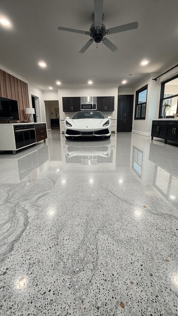 A modern garage with a high-gloss epoxy floor, showcasing a sleek design and a luxury car.