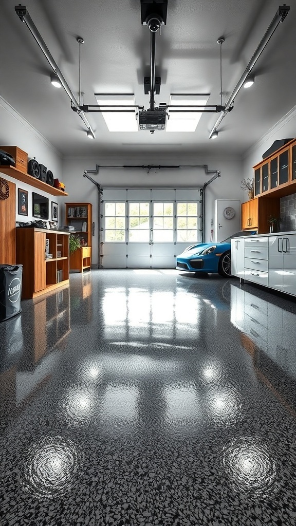 A modern garage with glossy epoxy flooring reflecting light, showcasing a bright and spacious environment.