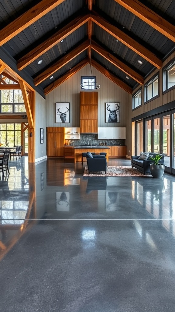 Interior of a modern barndominium featuring timber beams and polished epoxy flooring.