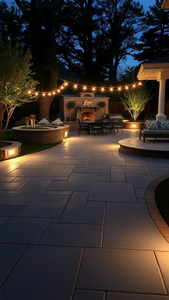 A beautifully lit dark gray stamped concrete patio with a cozy fire pit and seating area.