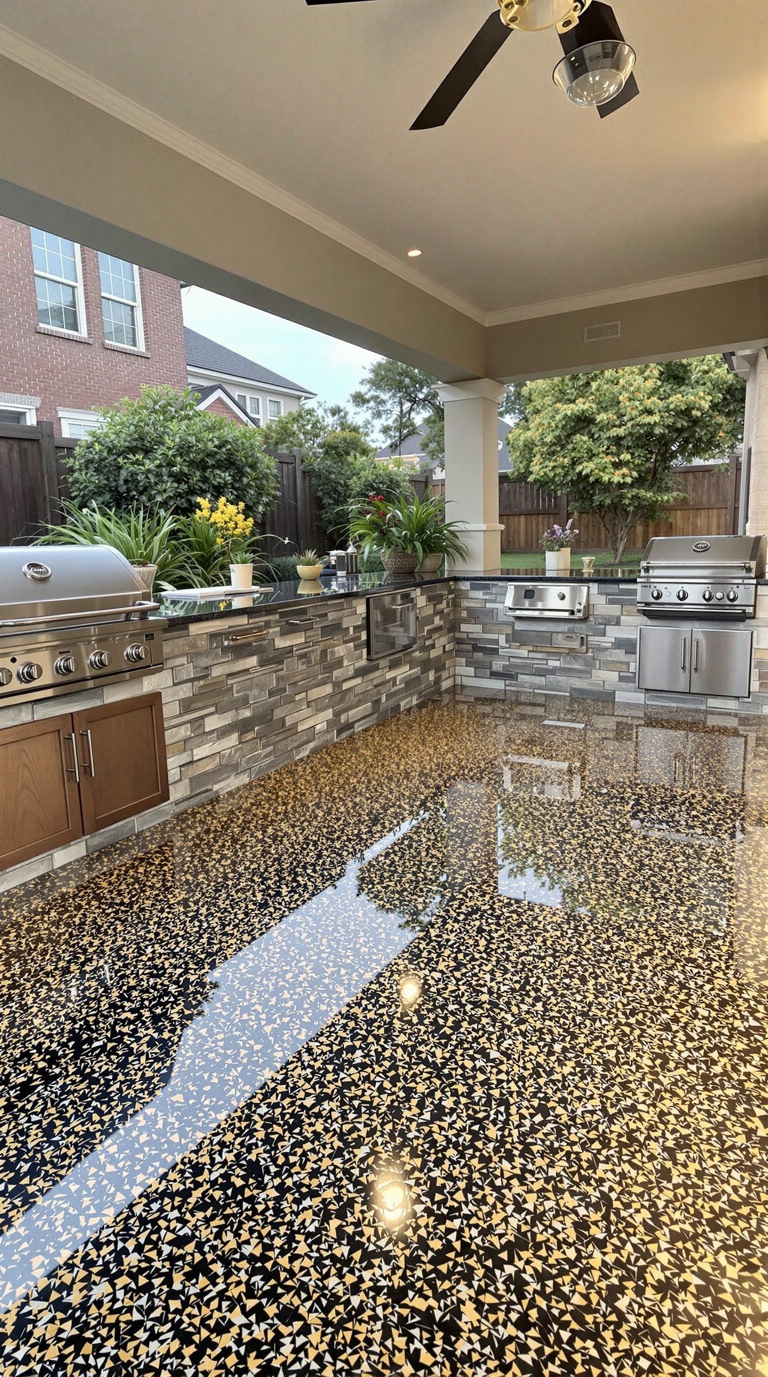 A beautifully designed outdoor kitchen featuring a shiny epoxy floor, modern appliances, and lush greenery.
