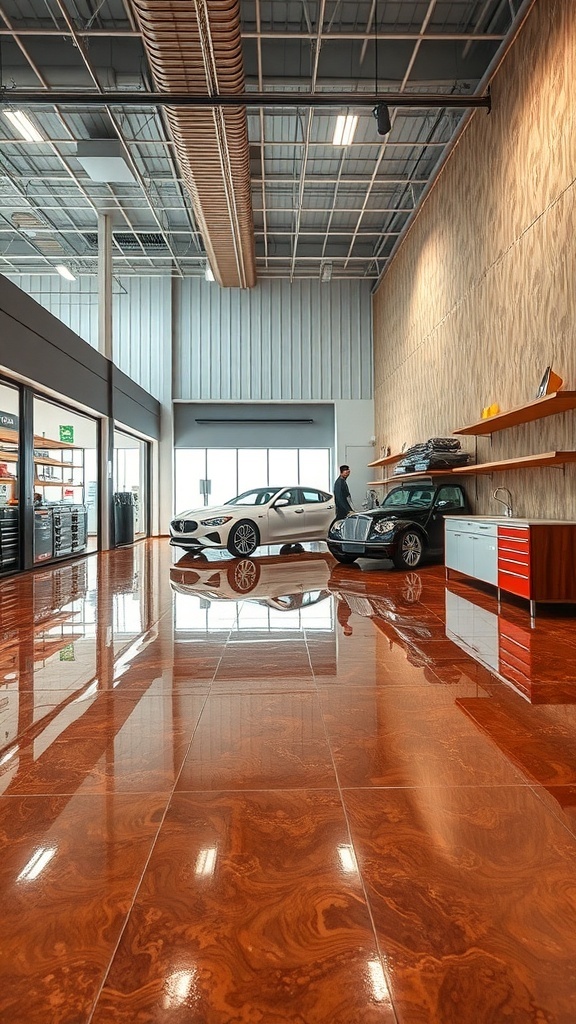 A retail space featuring a shiny brown metallic epoxy floor, showcasing two cars and modern shelving.