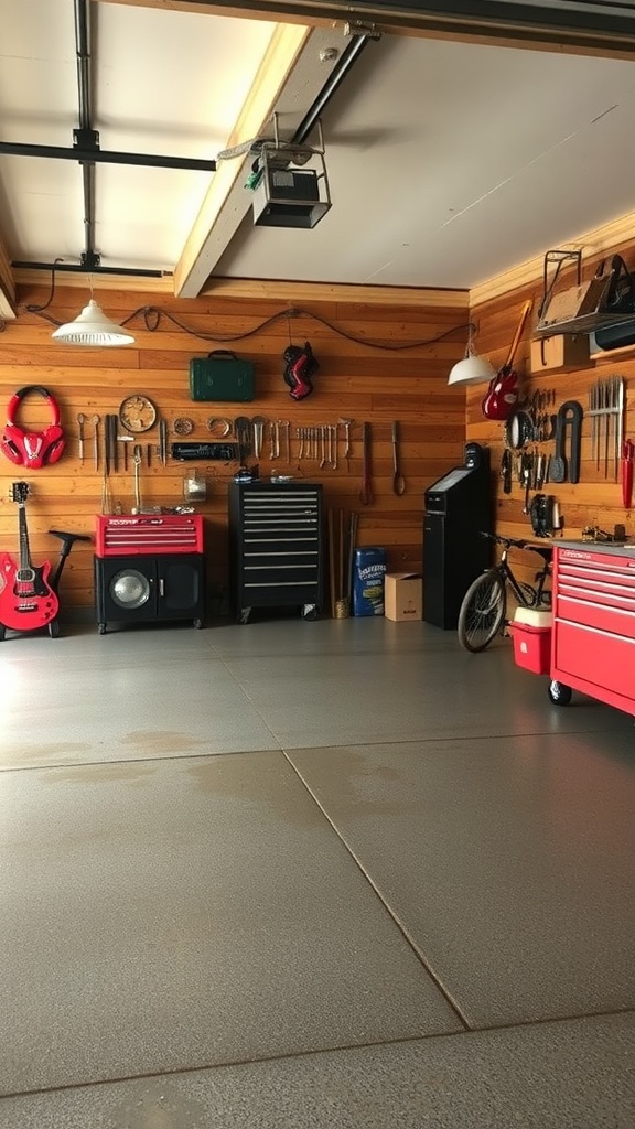 A rustic garage with polished epoxy flooring and wooden accents, showcasing a car and storage units.
