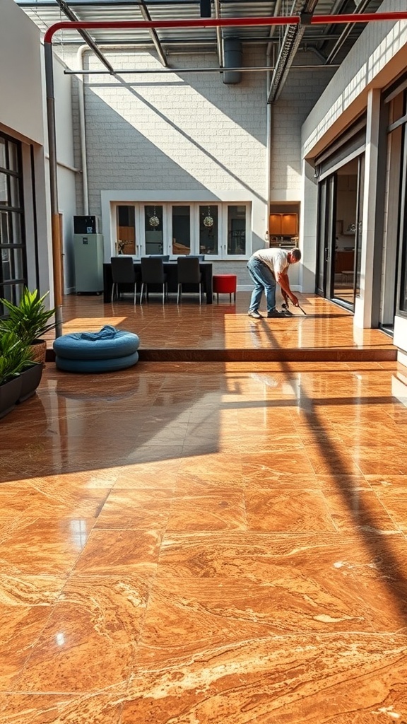 A person cleaning a shiny brown metallic epoxy floor in a modern indoor space.