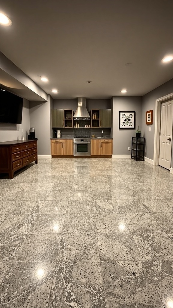 Stylish epoxy floor in a modern basement kitchen