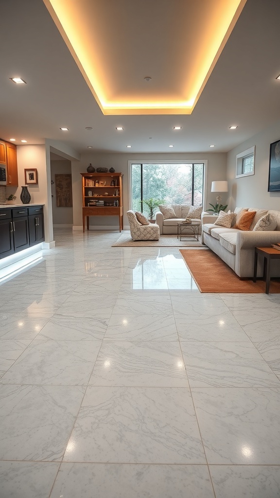 A modern living room with glossy epoxy flooring and integrated LED lighting.