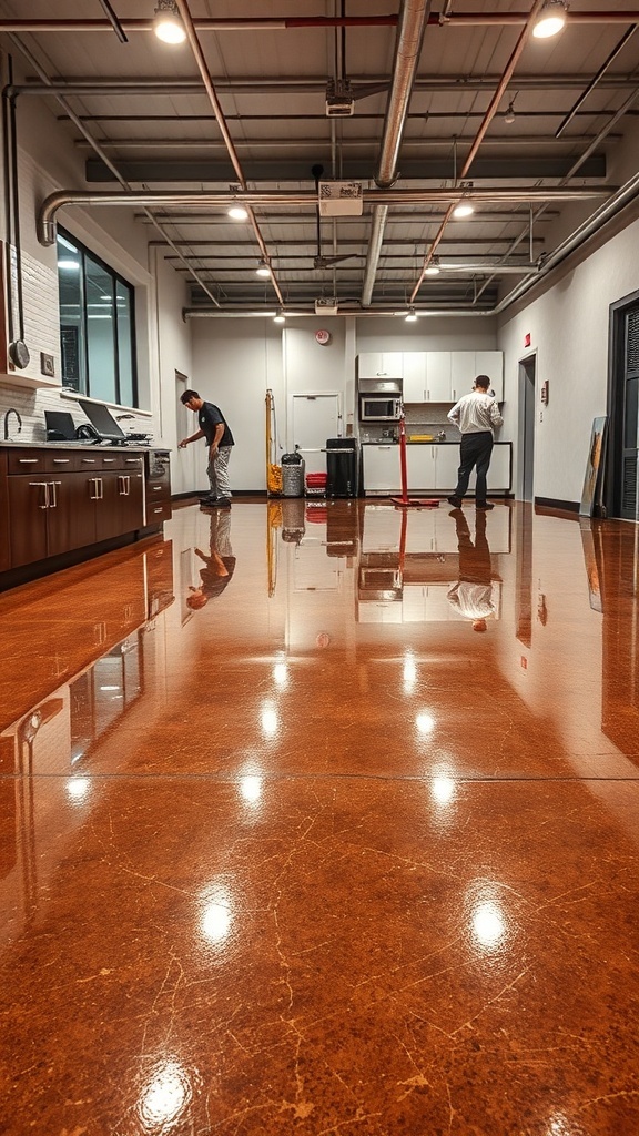Two workers cleaning a shiny brown metallic epoxy floor in a commercial kitchen setting.
