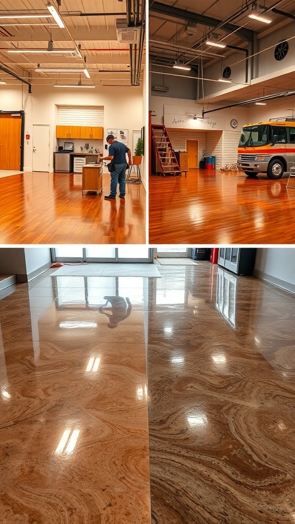 Image showing various epoxy flooring solutions in a commercial space, highlighting a shiny brown metallic epoxy floor.