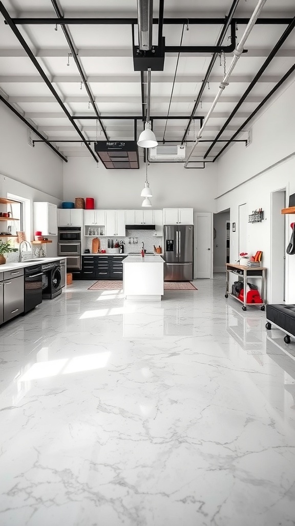 A modern kitchen with a marble-look epoxy floor, showcasing a bright and spacious design.