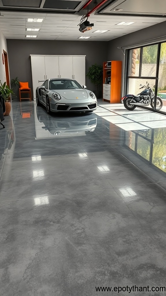 A modern garage featuring a sleek gray epoxy floor, a luxury car, and a motorcycle.