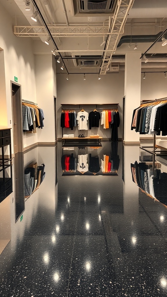 A retail space featuring a shiny black epoxy floor with clothing displays.