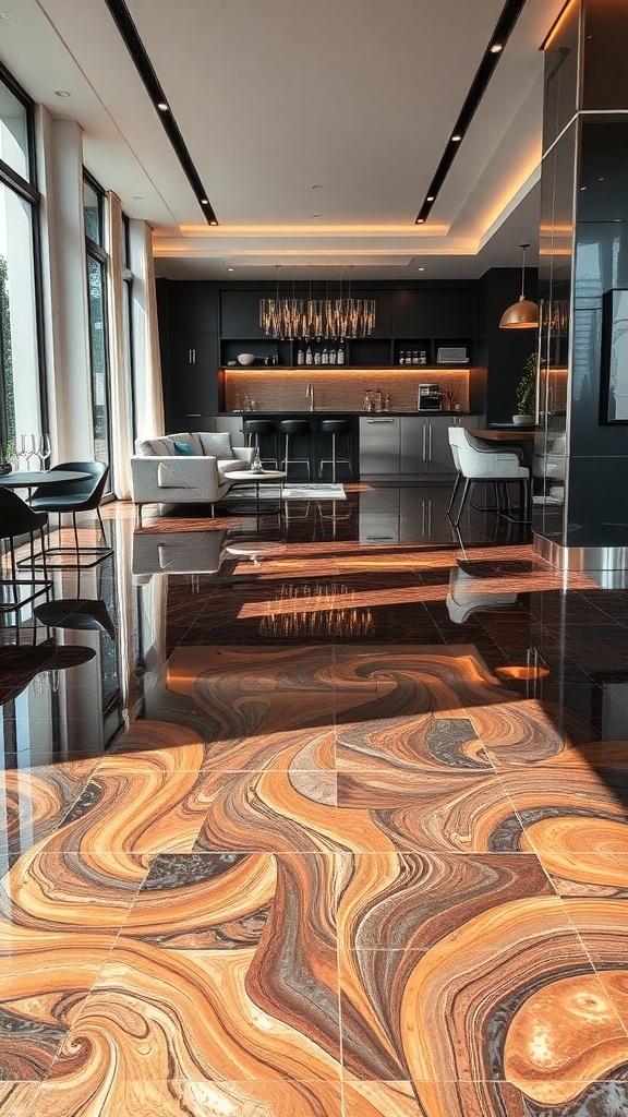 Luxurious copper metallic epoxy floor in a modern kitchen and living area