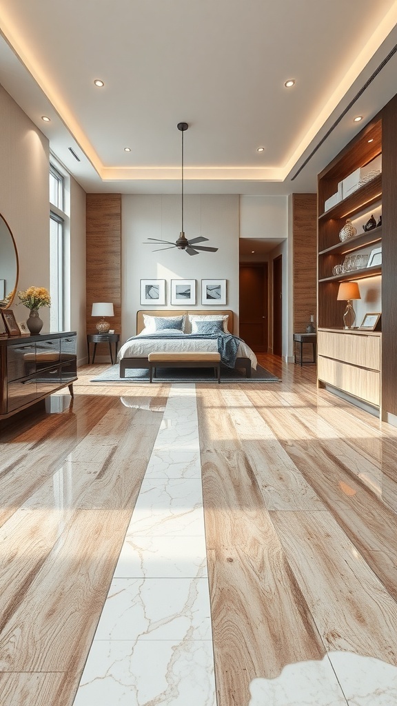 A modern bedroom featuring a luxurious epoxy floor with wood and marble designs.