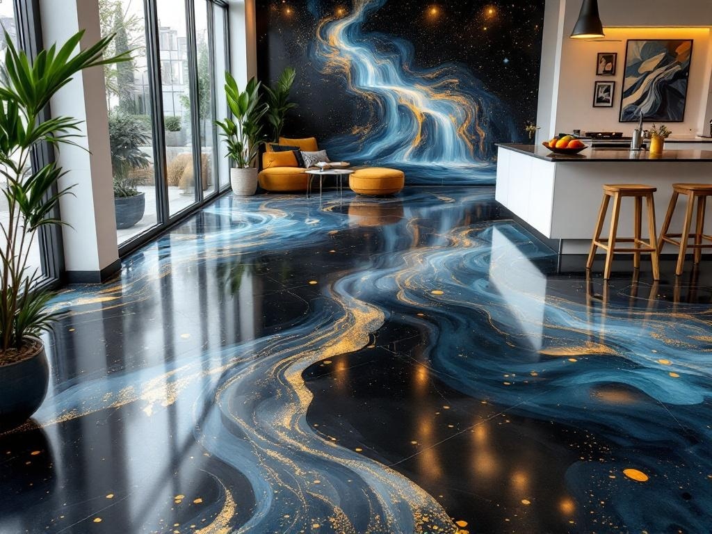 A modern living space featuring a nightfall epoxy floor design with swirling blue and gold patterns.