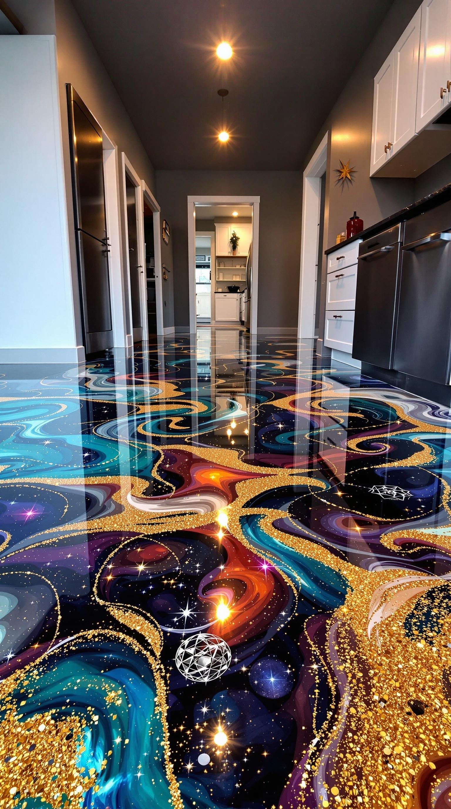 Artistic epoxy floor with swirling colors and gold accents