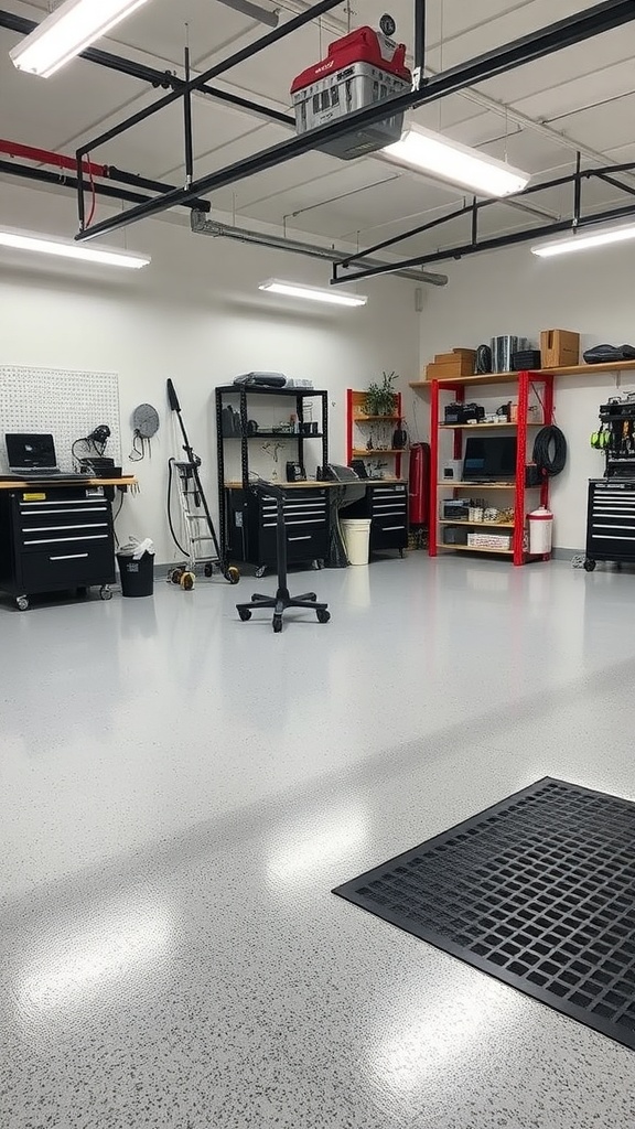 A modern garage workshop featuring a high-gloss epoxy floor, showcasing a clean and organized layout with motorcycles and tools.