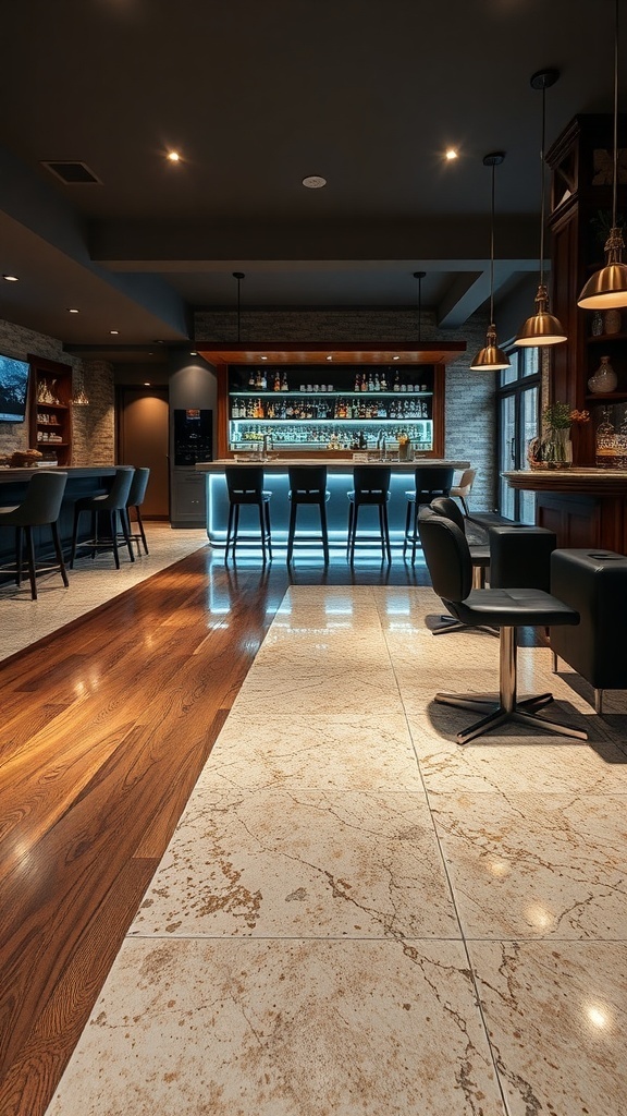 A modern bar interior featuring marble epoxy flooring and rustic wood-look epoxy.