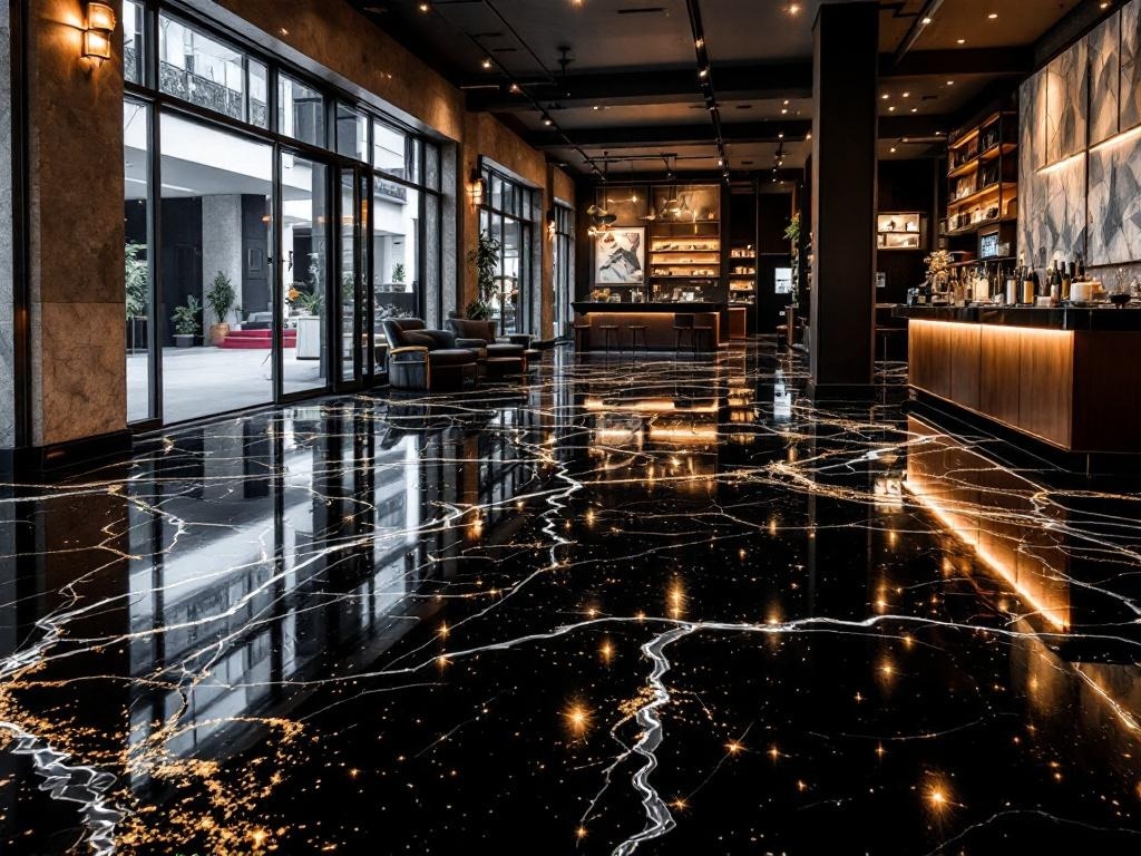 A modern commercial space featuring a stunning black epoxy floor with embedded LED lighting, creating a dramatic and luxurious atmosphere.