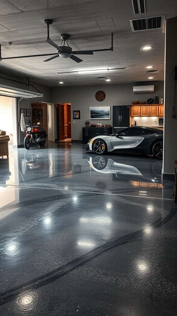A modern garage featuring a sleek metallic epoxy floor with embedded LEDs, showcasing a motorcycle and a luxury car.